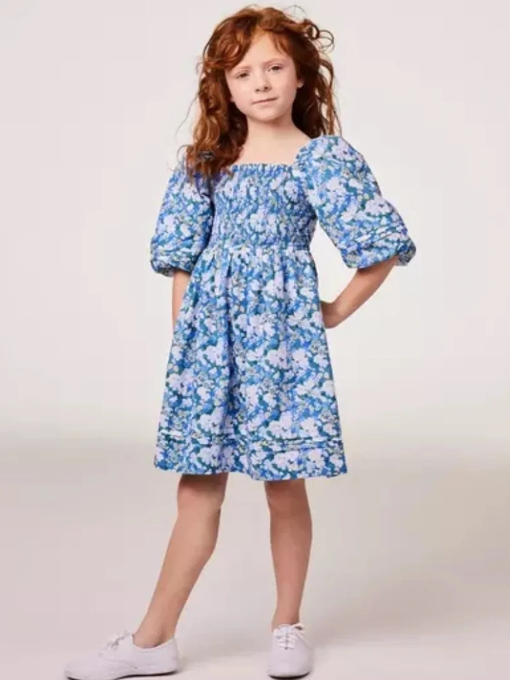 Janie and Jack Natalie Floral Smocked Bubble Sleeve Dress Lapis Floral Size 10